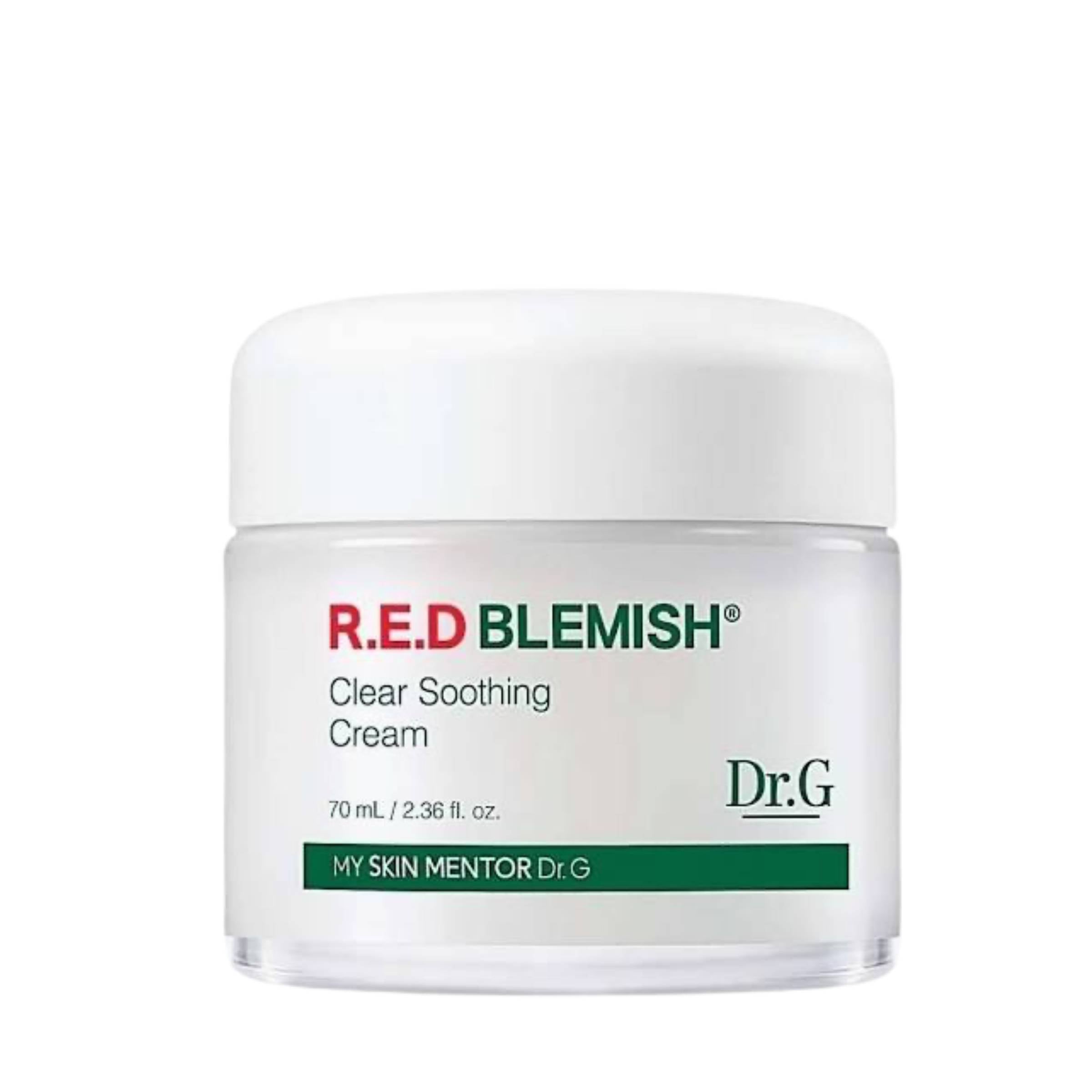 Jar of R.E.D Blemish Clear Soothing Cream by Dr. G on a white background
