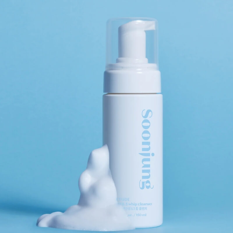 ETUDE SoonJung pH 6.5 Whip Cleanser 250ml on blue background with whip bubble texture