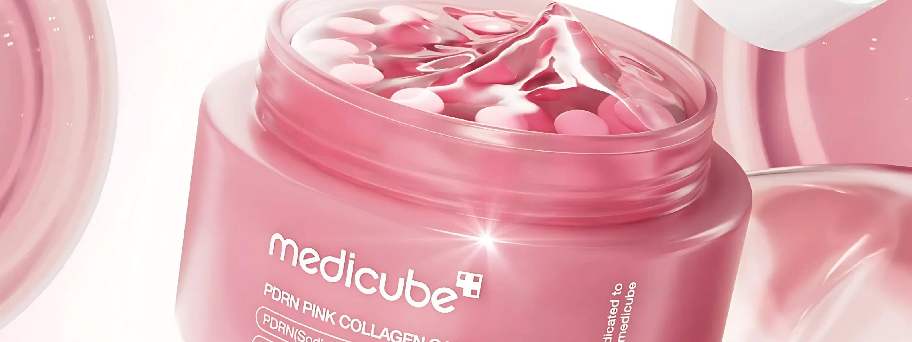 Pink jar of Medicube pink collagen cream on a white background