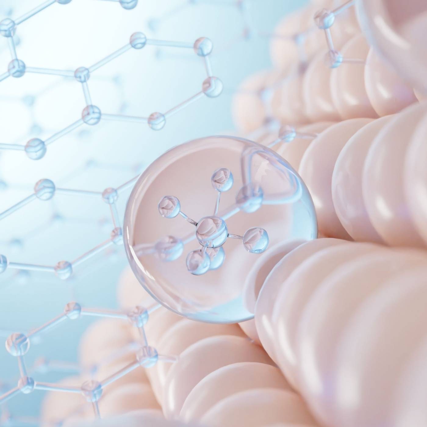 Molecular structure model on a soft pink background with a light blue gradient