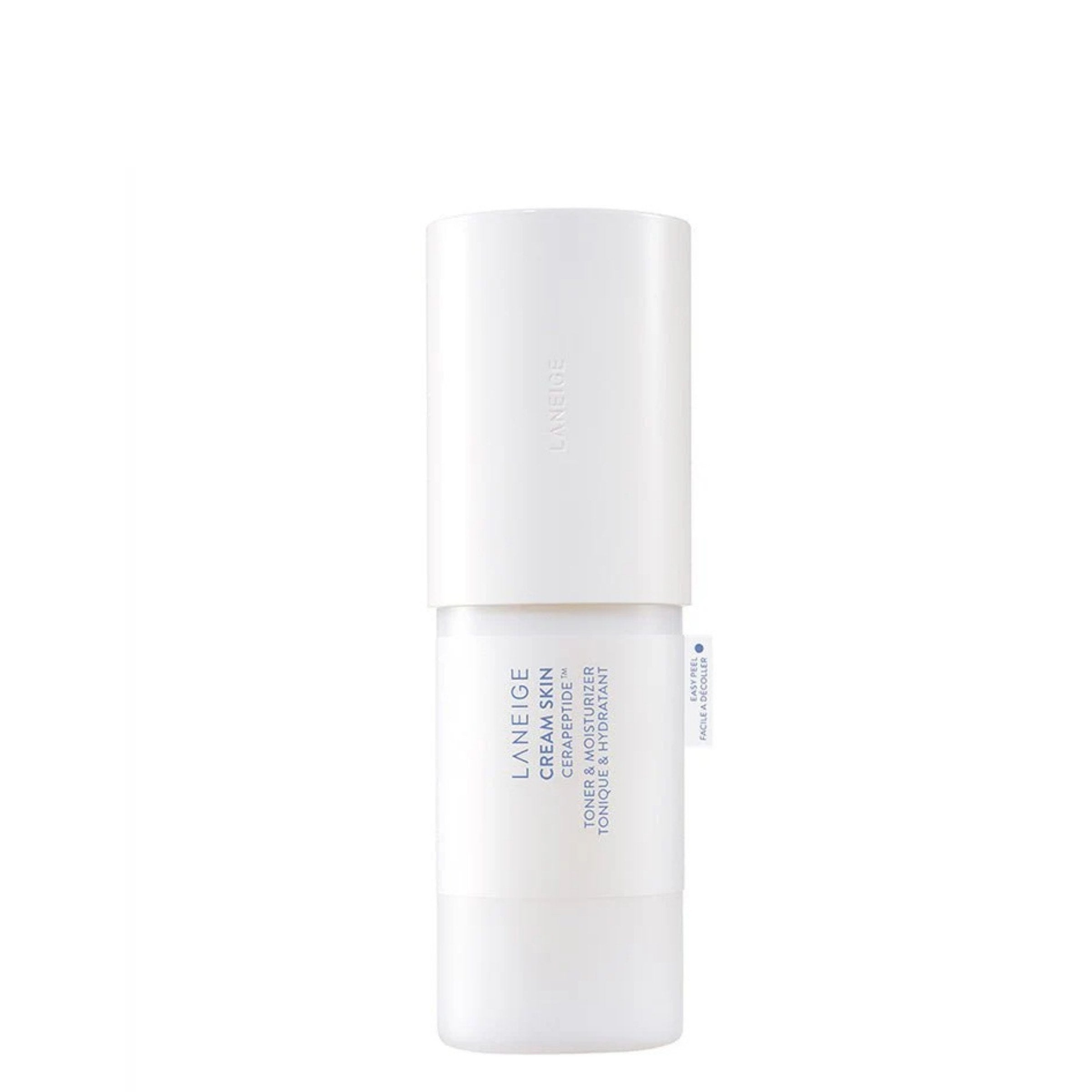 White skincare bottle with text on a white background