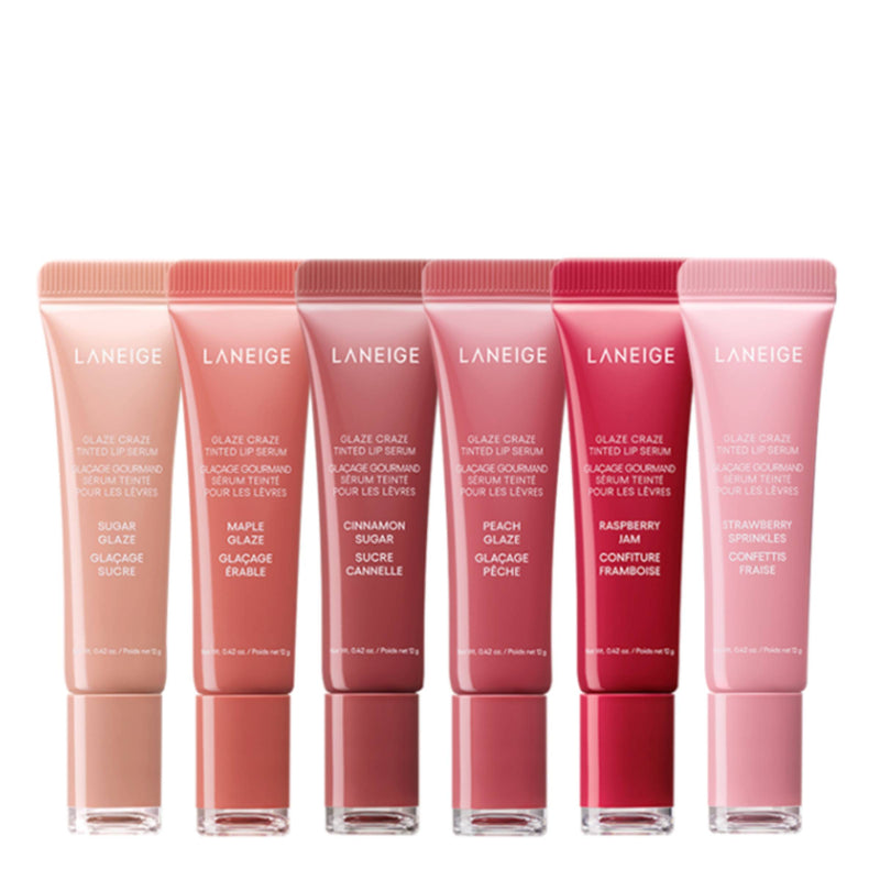 Set of Laneige lip serums in various shades on a white background