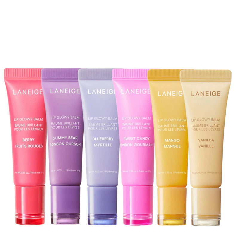 Set of Laneige lip balm tubes in various colors on a white background