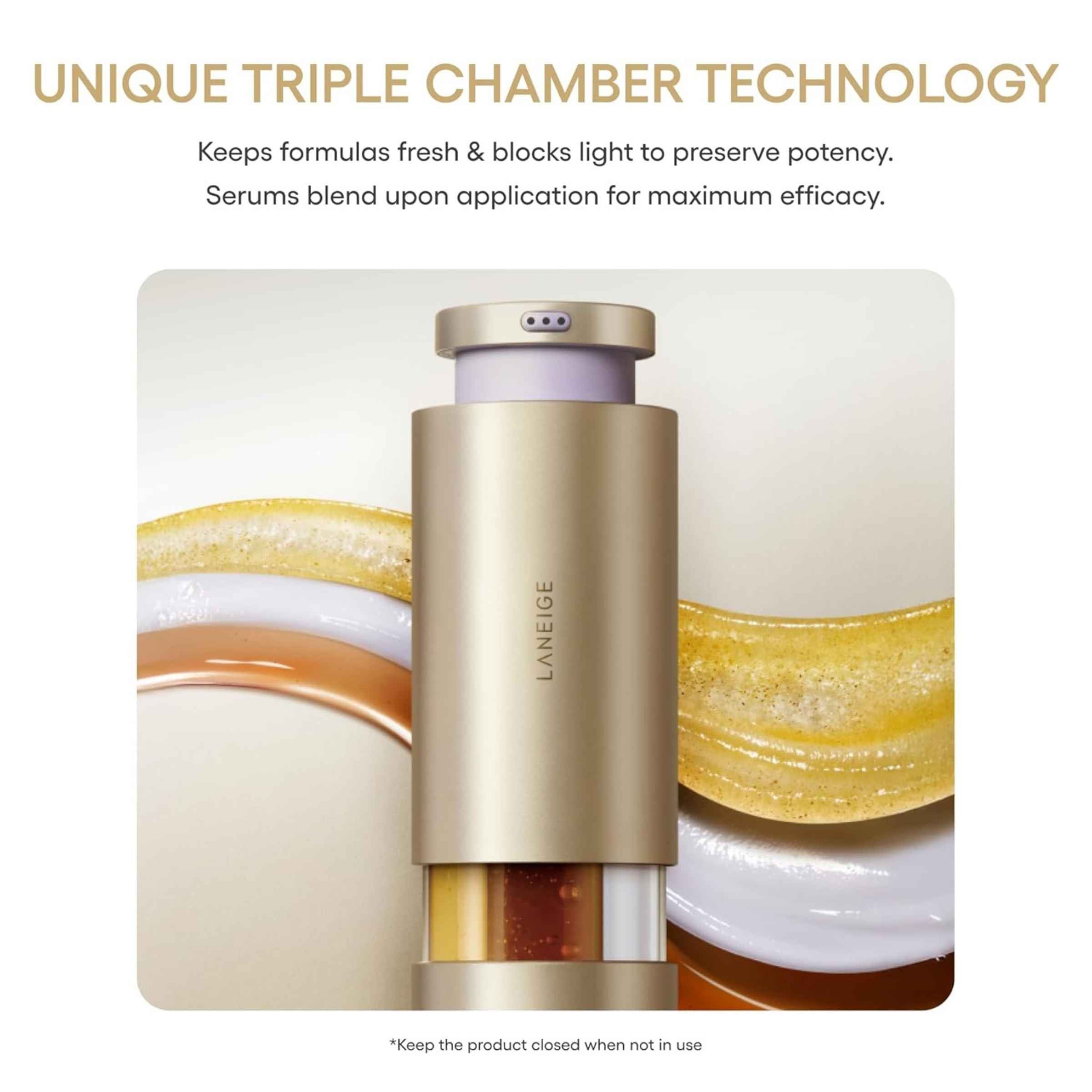 Laneige serum bottle with text about unique triple chamber technology on a white background