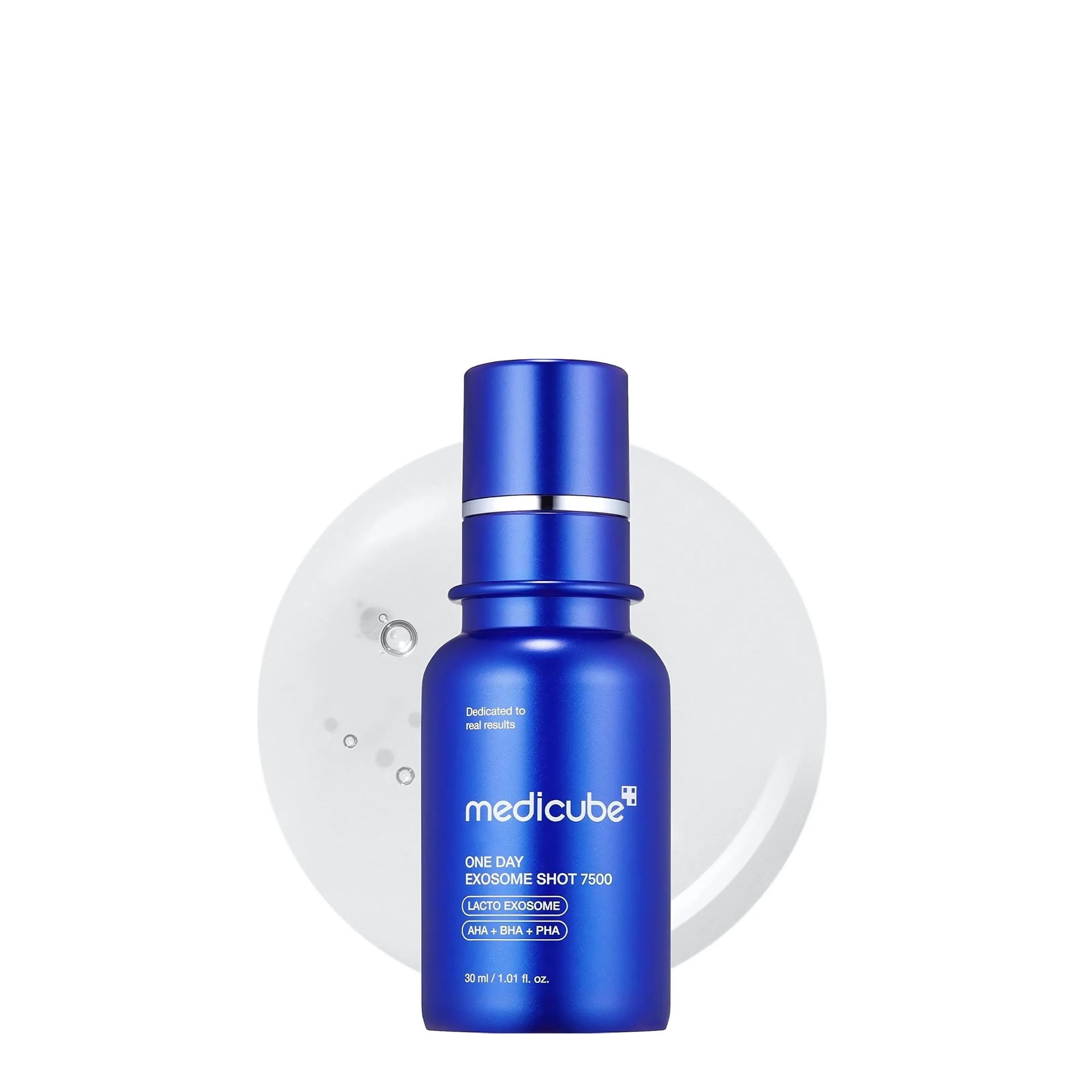 Blue skincare bottle with Medicube branding on a white background