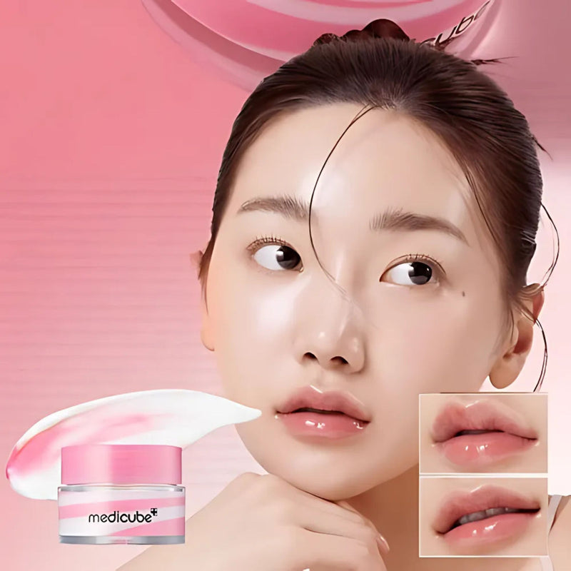 Woman with a split face showing before and after effects, with Medicube skincare product.