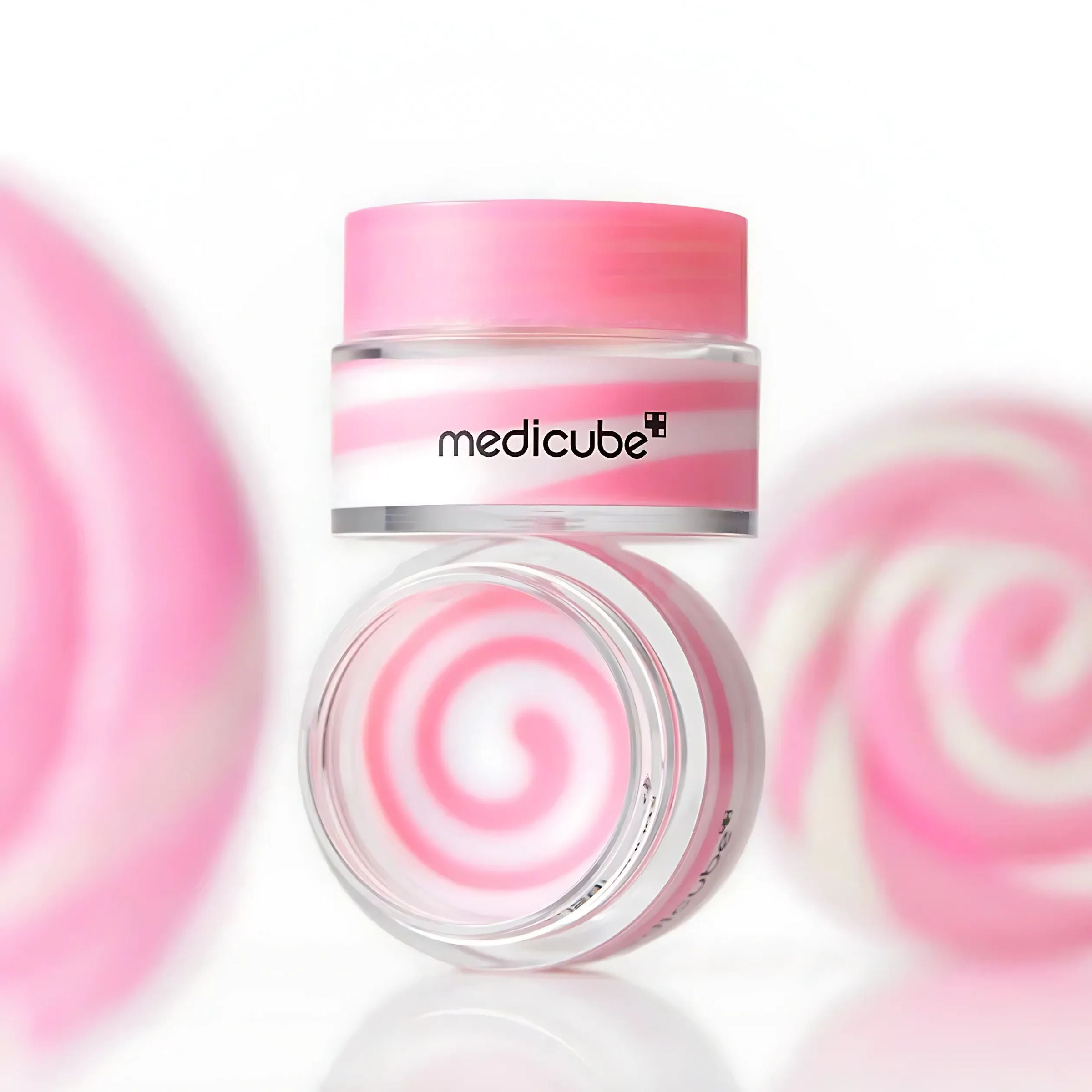Pink and white jar with Medicube branding on a white background