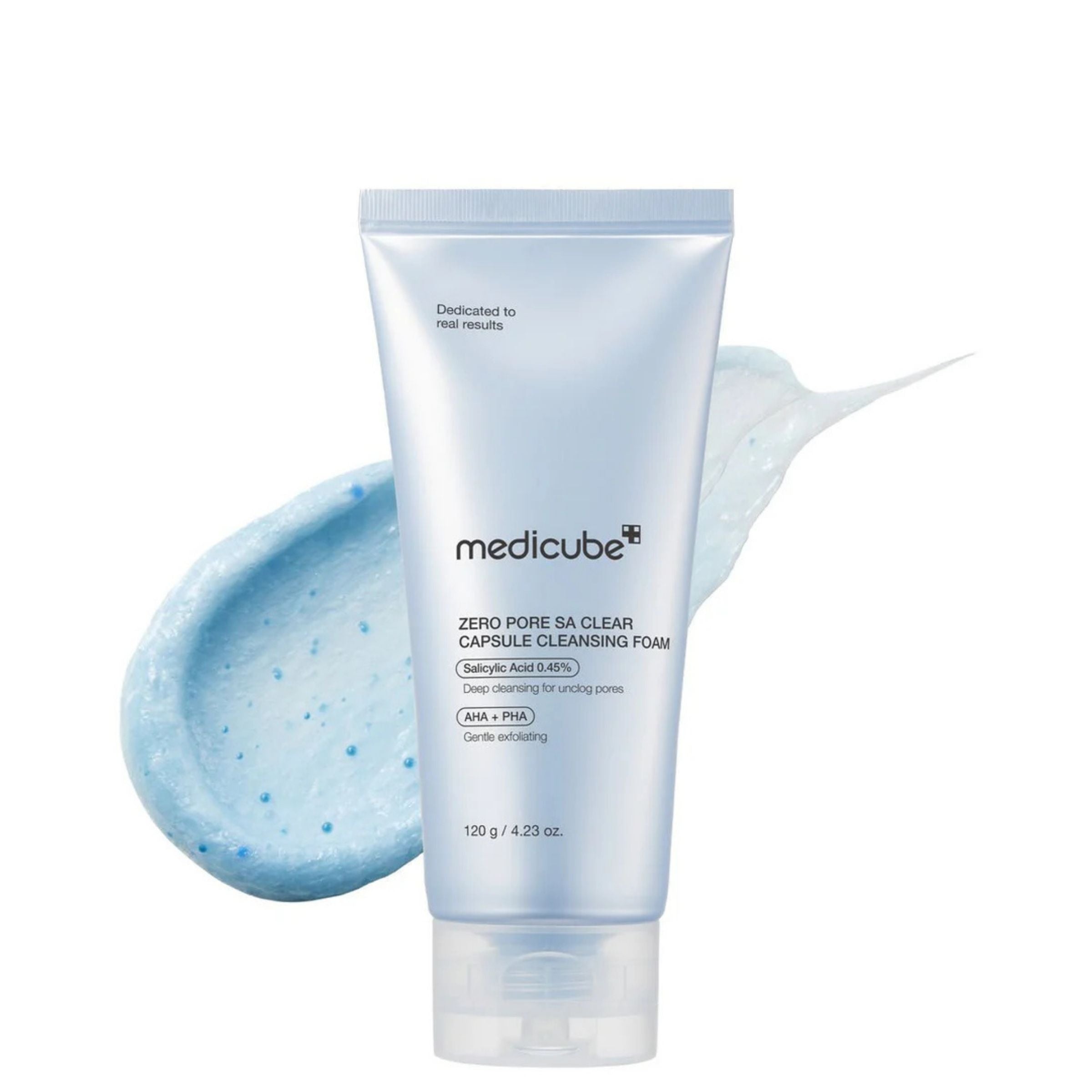 Medicube Zero Pore SA Clear Cleansing Foam with a sample of foam on a white background