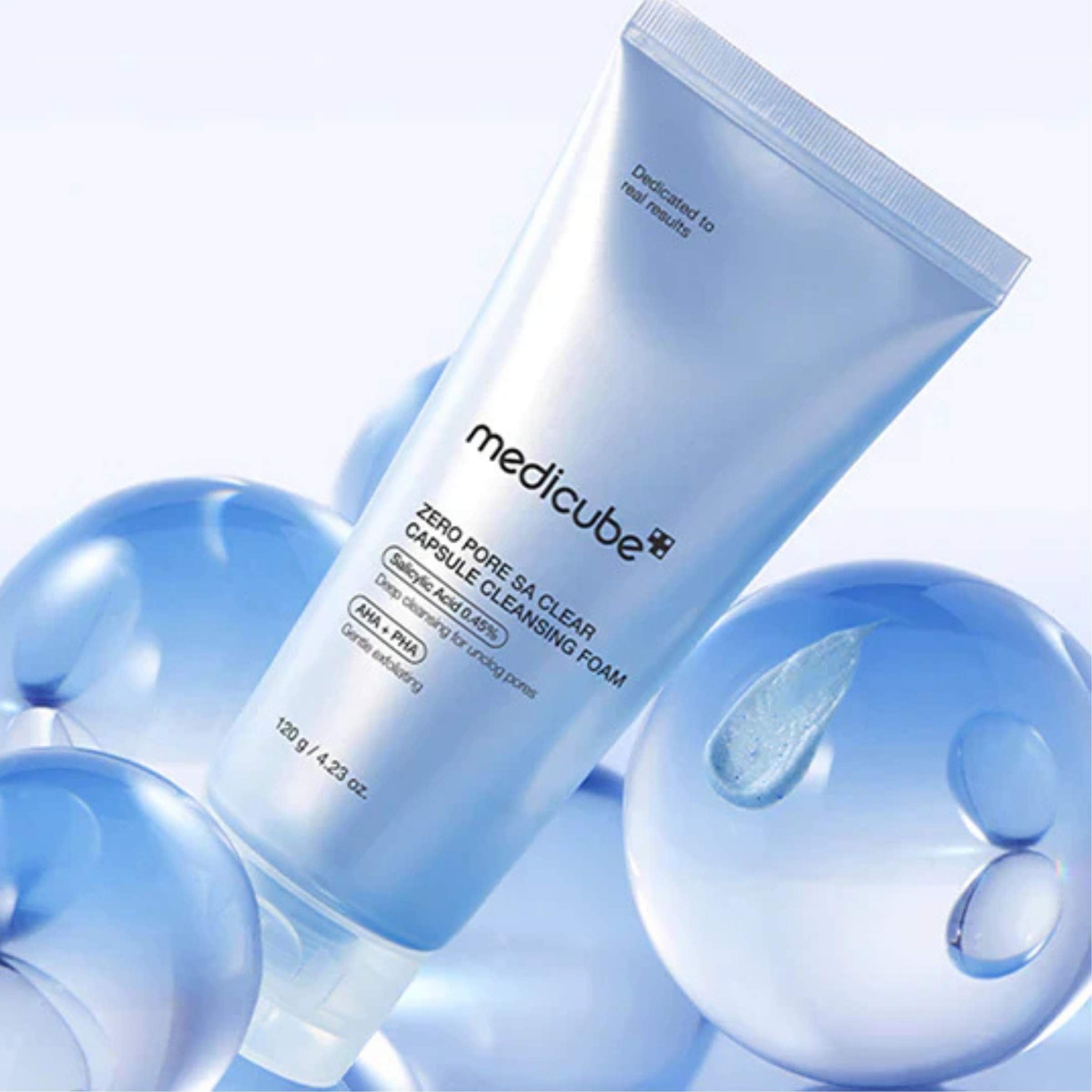 Medicube skincare product with blue bubbles on a light blue background