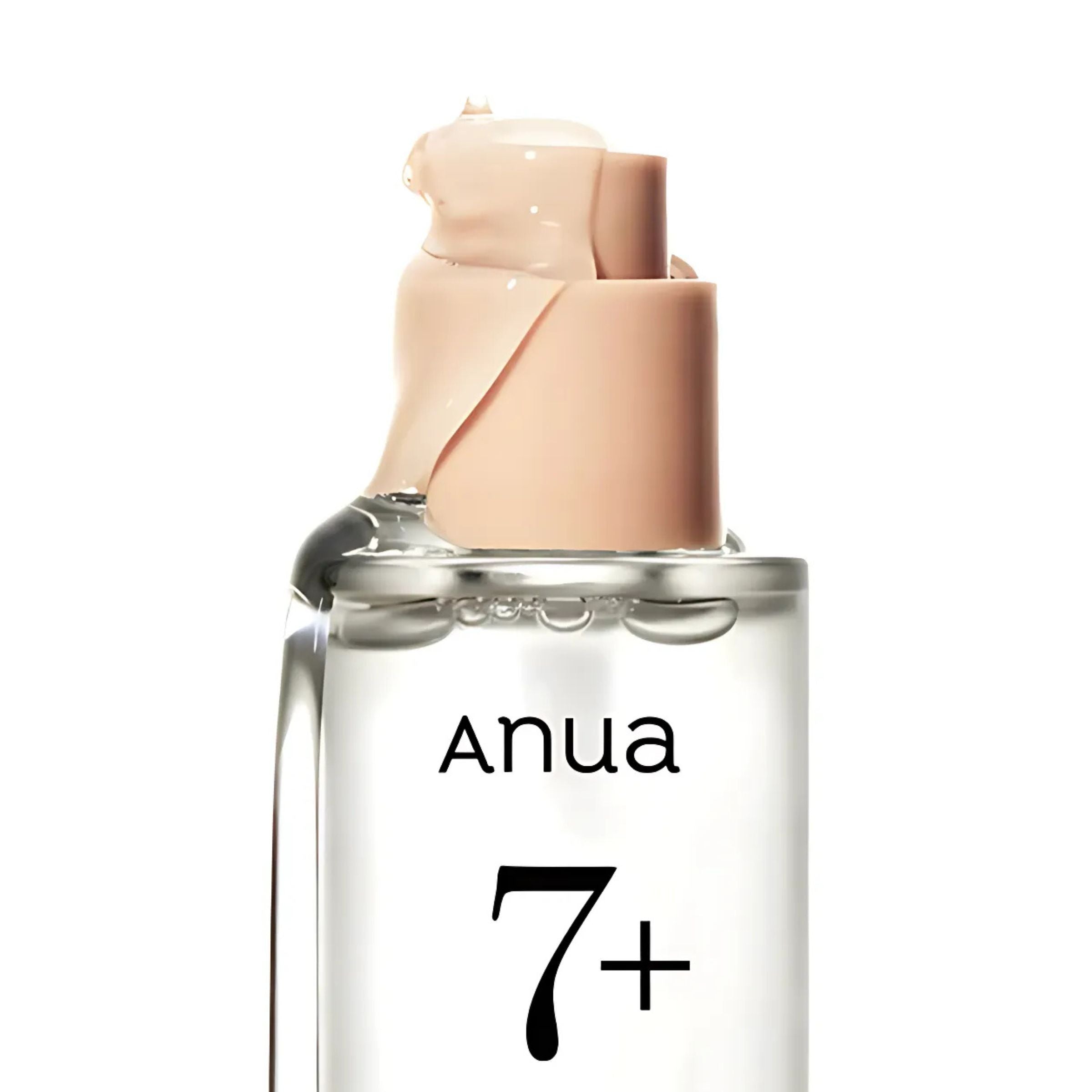 Clear bottle with beige cap labeled 'Anua 7+' on a white background