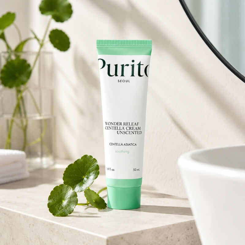 Purito Seoul Wonder Releaf Centella Cream in bathroom with Centella leaves. 