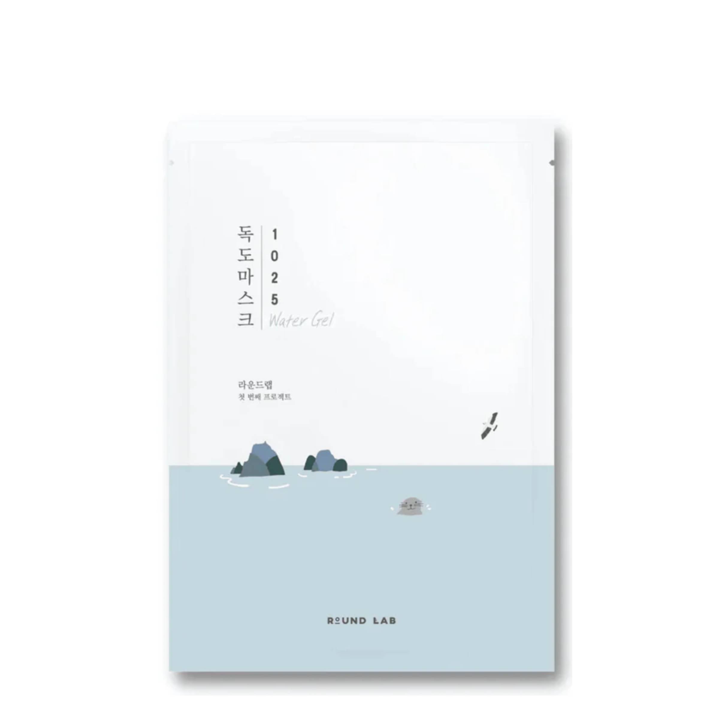 Round Lab 1025 Dokdo Water Gel Mask  packaging with a scenic design and text on a white background