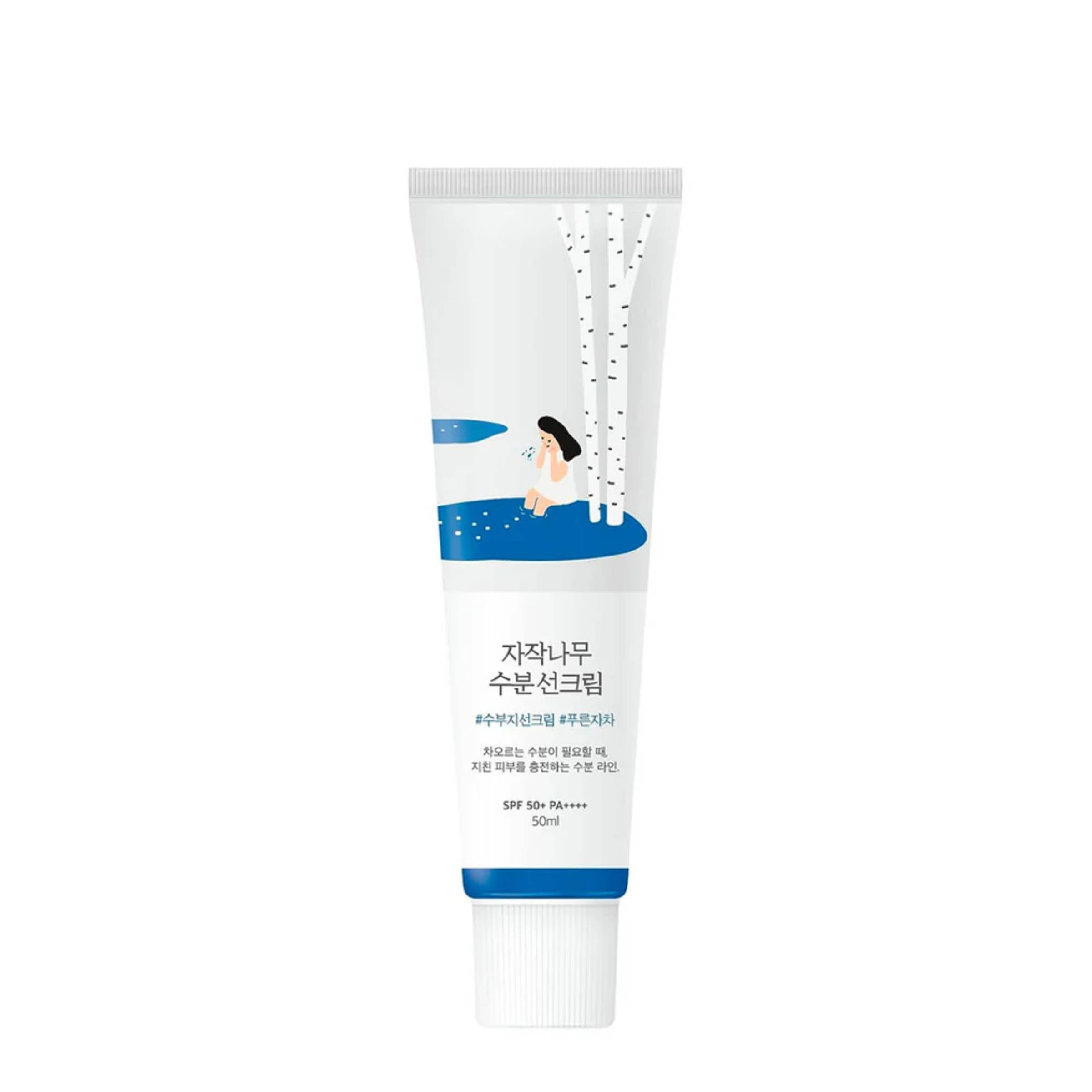 Tube of Round Lab Birch Juice Moisturizing Sunscreen 50ml on a white background