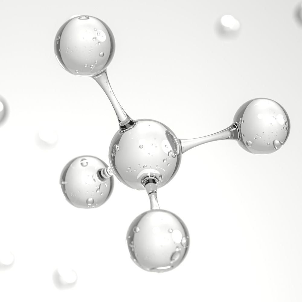 Close-up of a silver molecular model on a white background