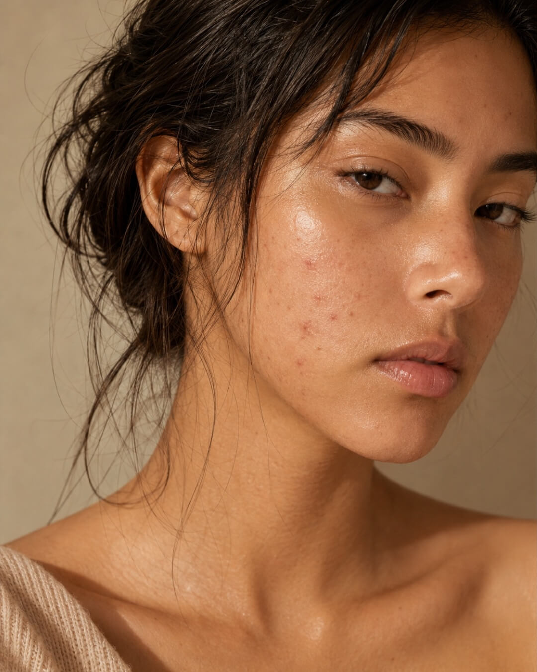Close-up of a woman's face with acne with a neutral background