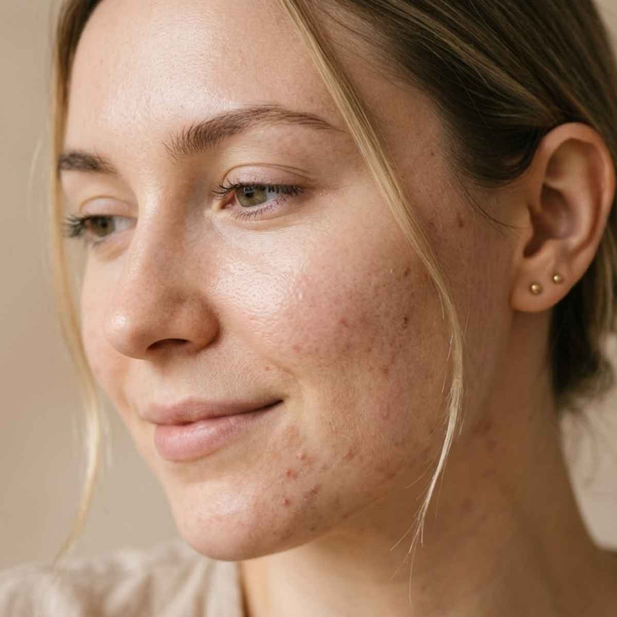 Close-up of a woman's face with visible skin texture and earrings.