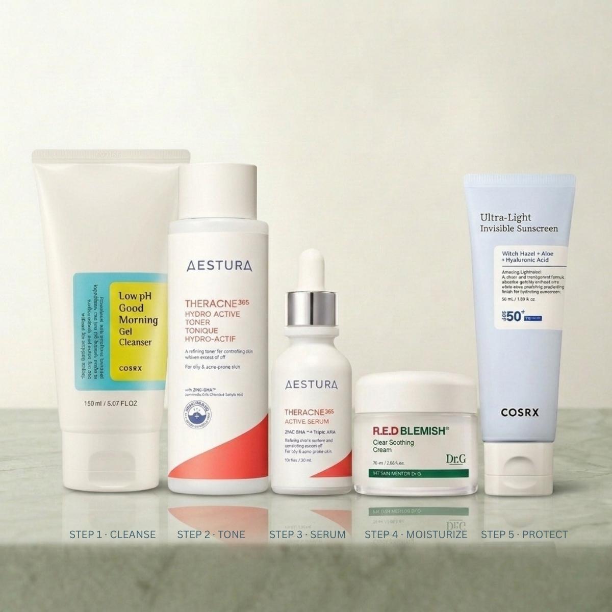 Bundle of korean skincare products suited to acne clearing routine
