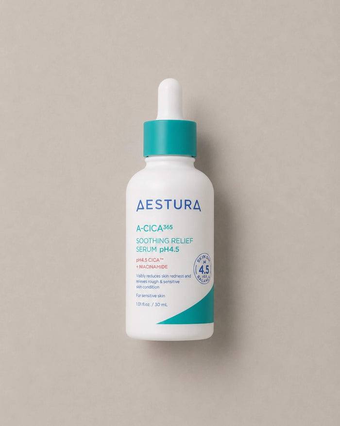 Aestura A-CICA 365 Soothing Relief Serum pH4.5 bottle on a beige background