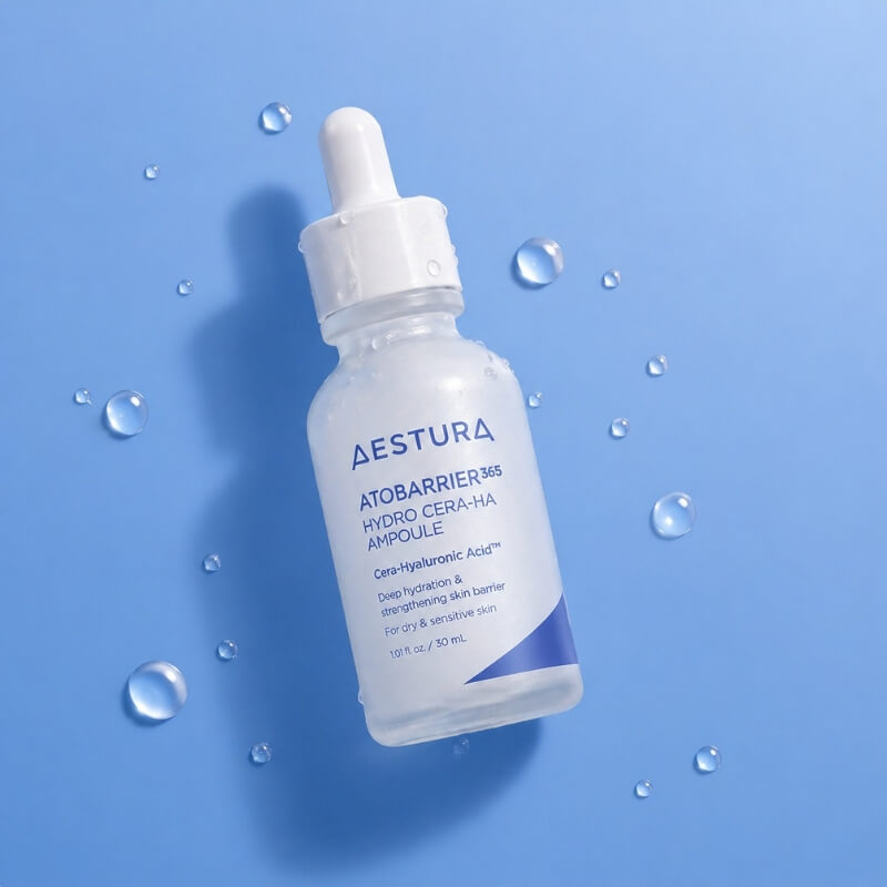 Aestura Atobarrier 365 hydro cera-ha ampoule on blue background