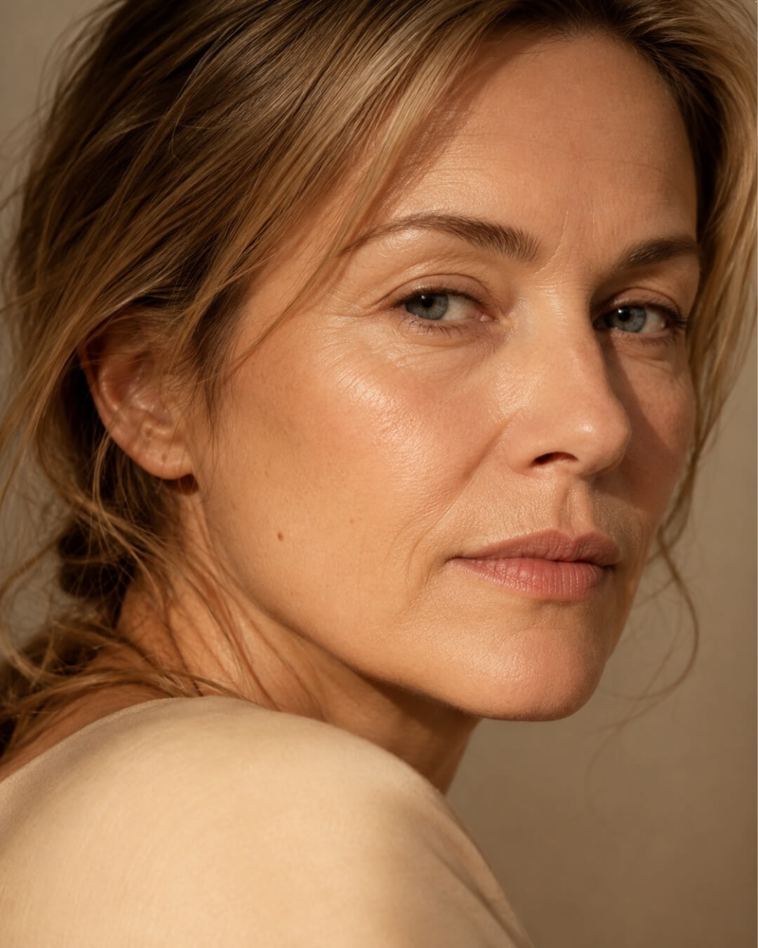 Close-up of a mature woman with blonde hair and a neutral expression on a beige background