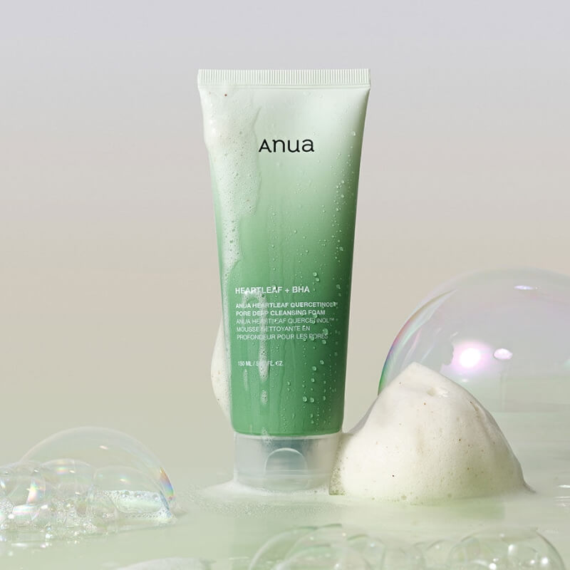ANUA Heartleaf Quercetinol Pore Deep Cleansing Foam with bubbles on a light background