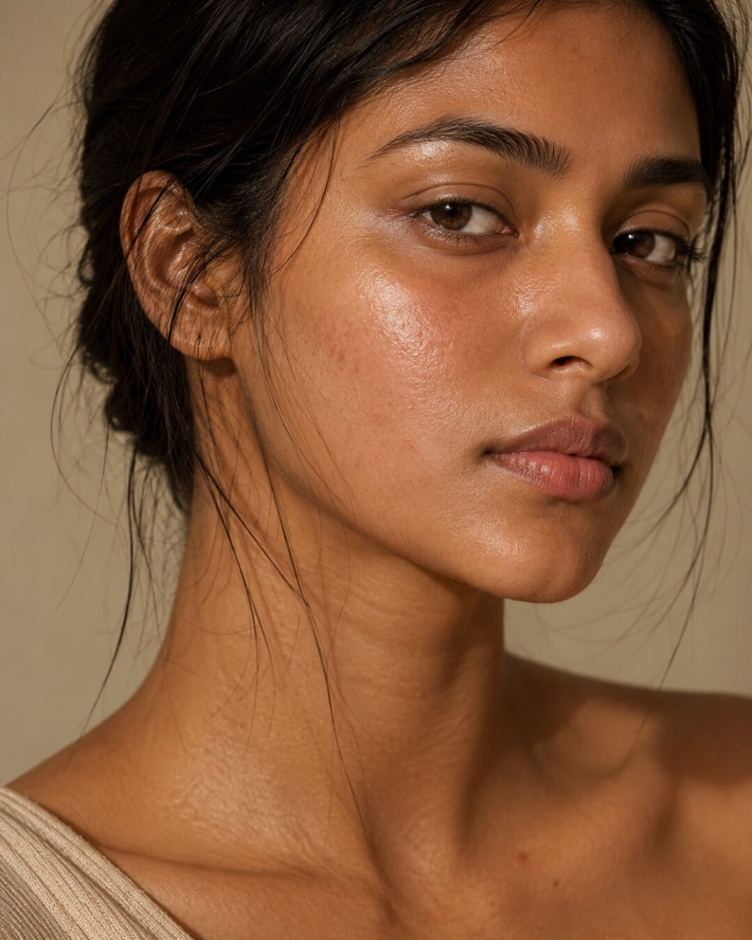 Close-up of a woman with a neutral expression against a beige background