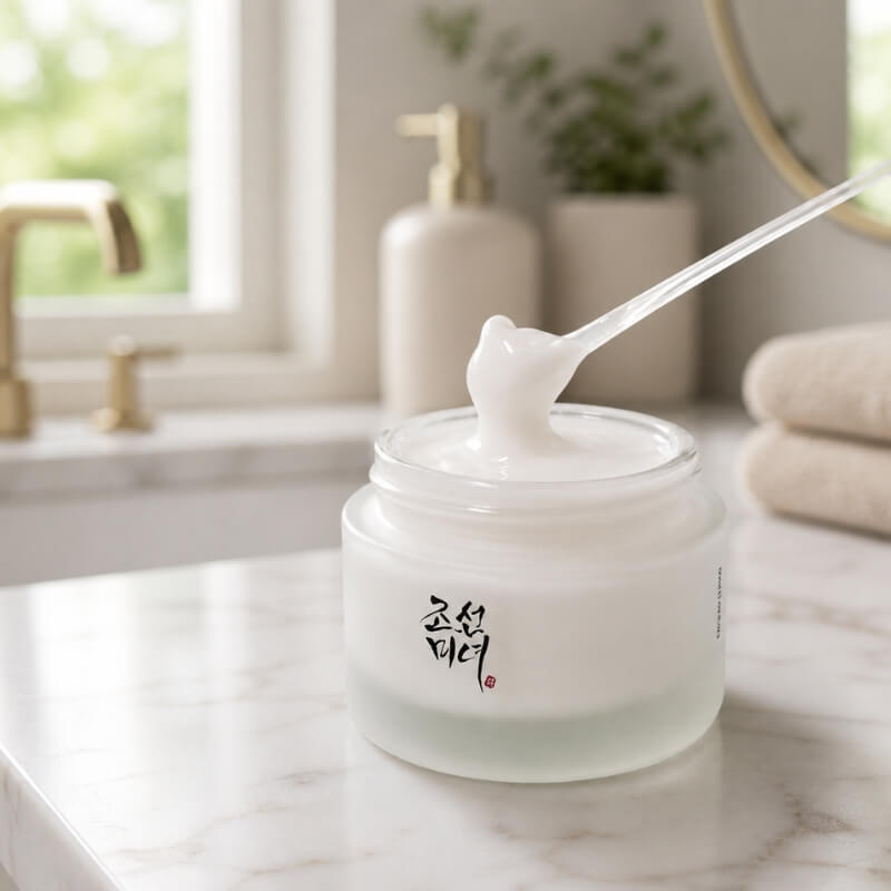 Beauty of Joseon Dynasty Cream rich creamy texture in bathroom setting - absorbs smoothly for dewy glow finish