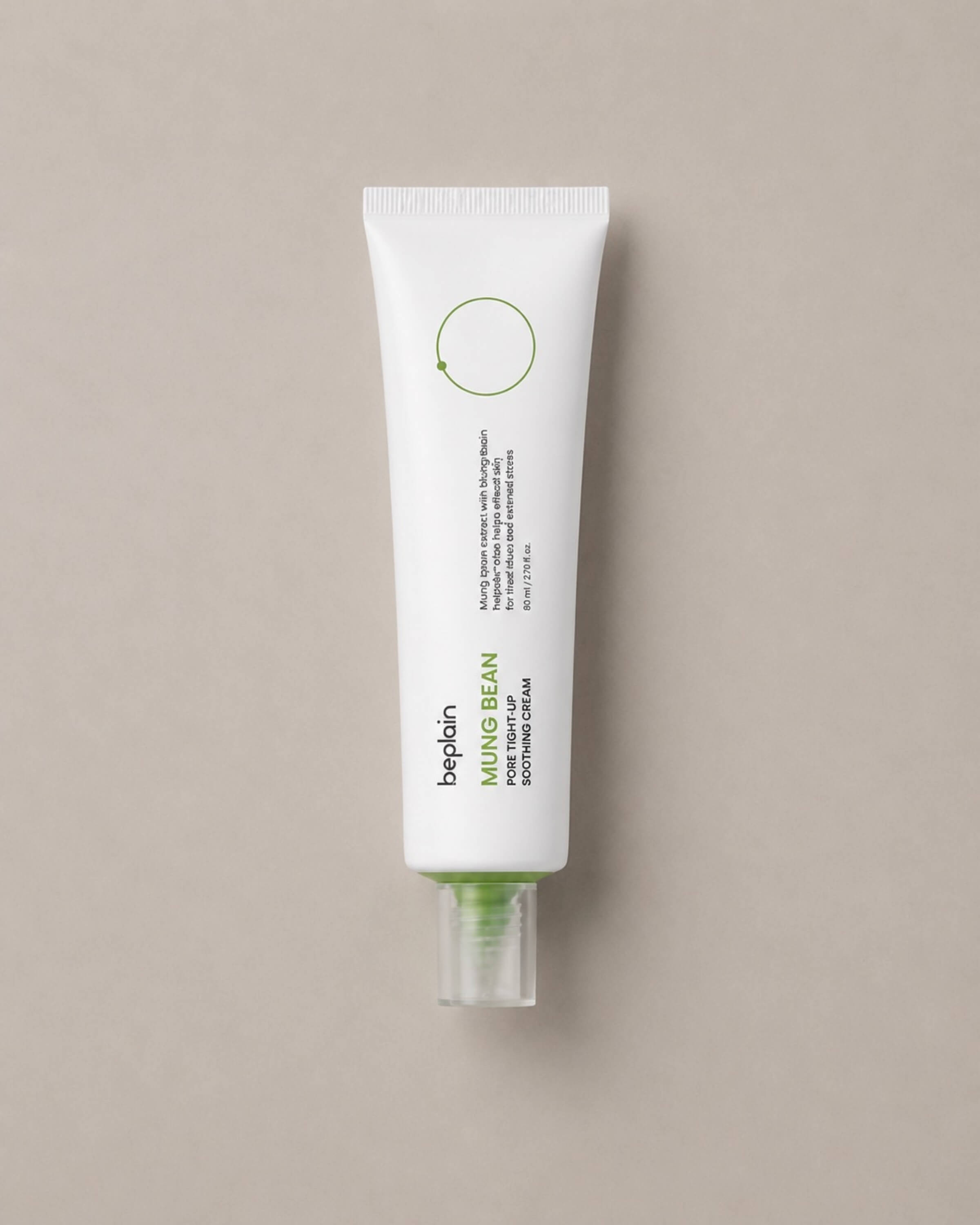 Tube of beplain soothing cream on a beige background