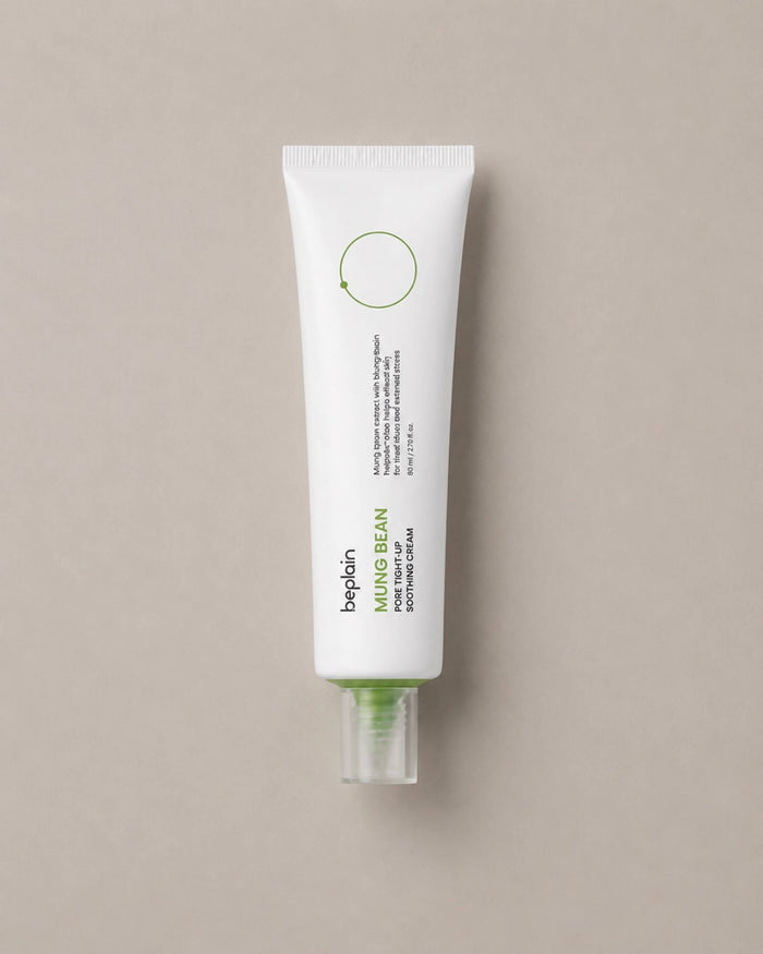 Tube of beplain soothing cream on a beige background