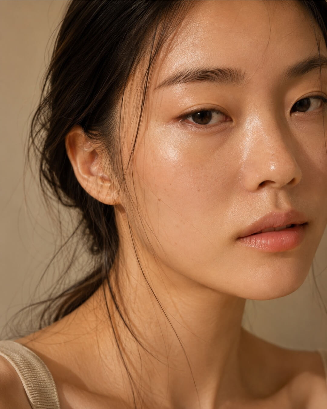 Close-up of a woman with a neutral expression against a beige background