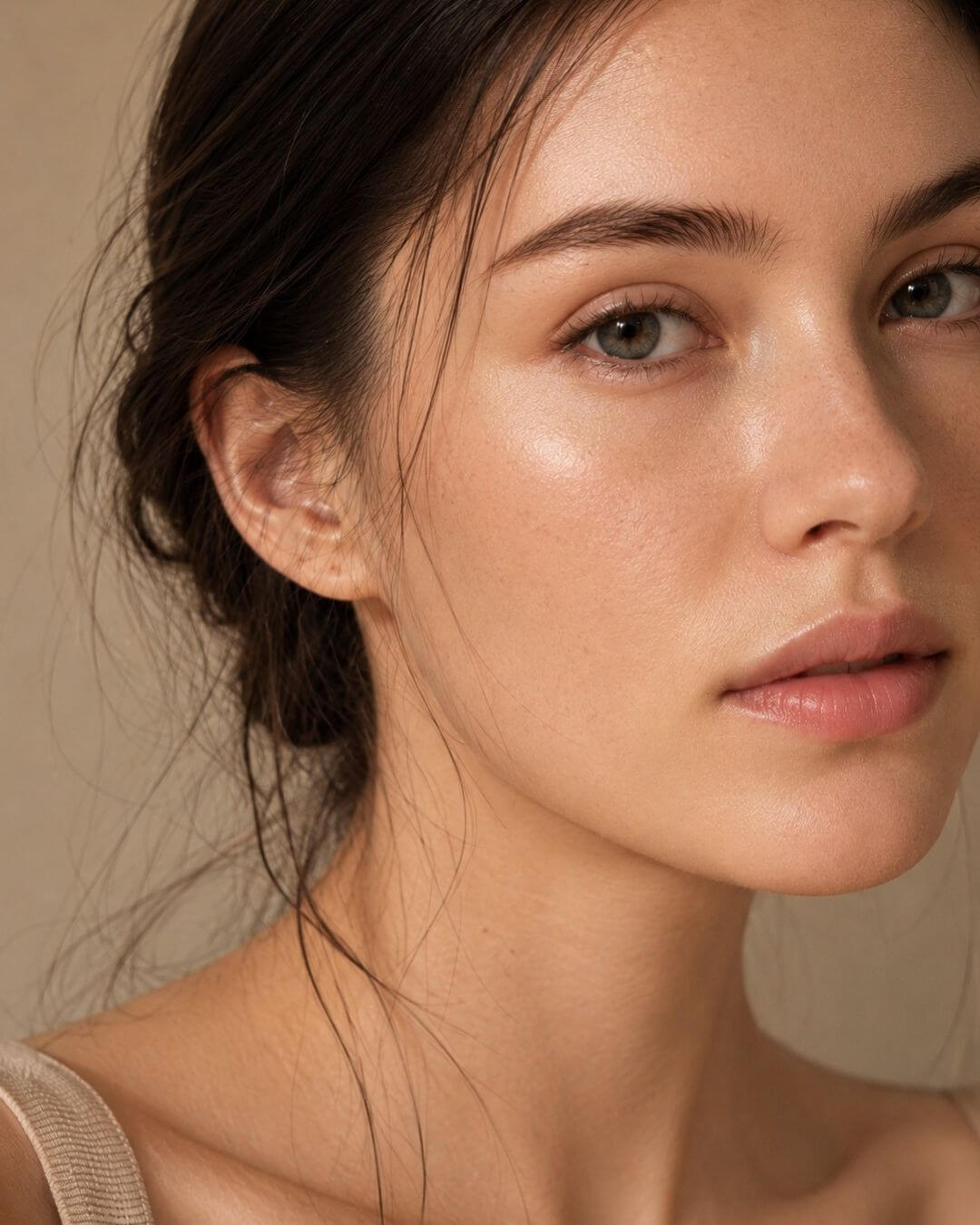 Close-up of a woman with natural makeup and a neutral background