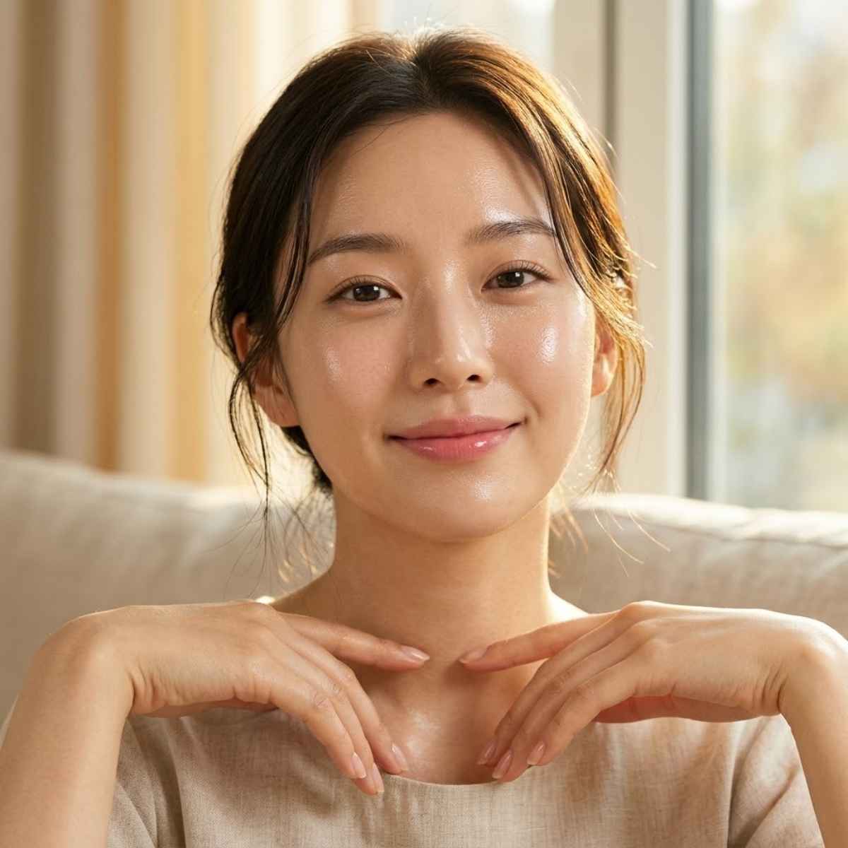 Korean woman with radiant glowing skin illuminated by warm light representing brightening skincare