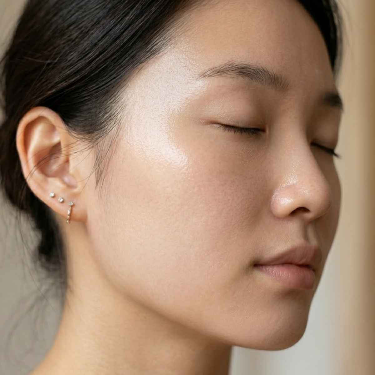 Close-up of a person wearing earrings with a neutral background