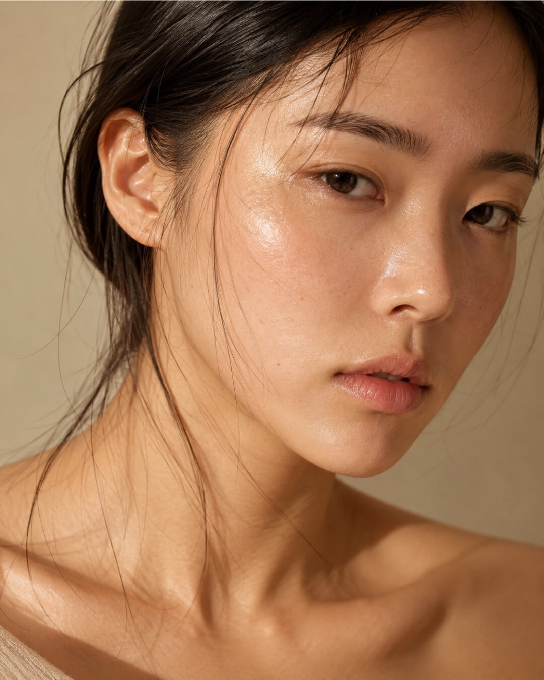 Close-up of a person with dry skin with a neutral expression against a beige background