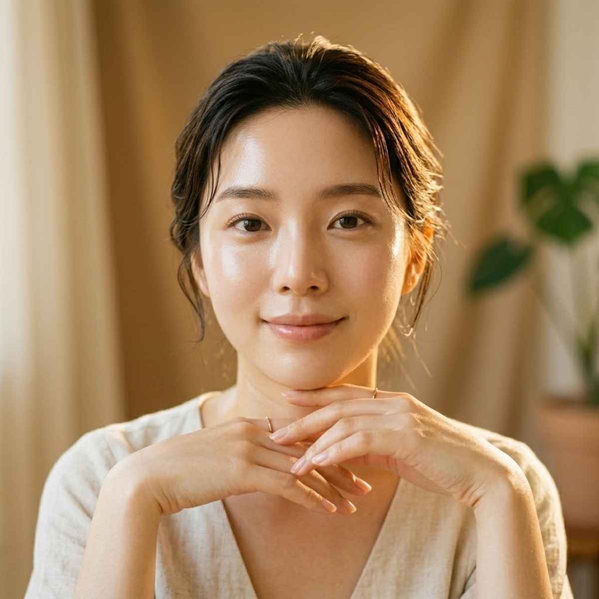 korean woman with luminous dewy glass skin and glossy hydrated complexion
