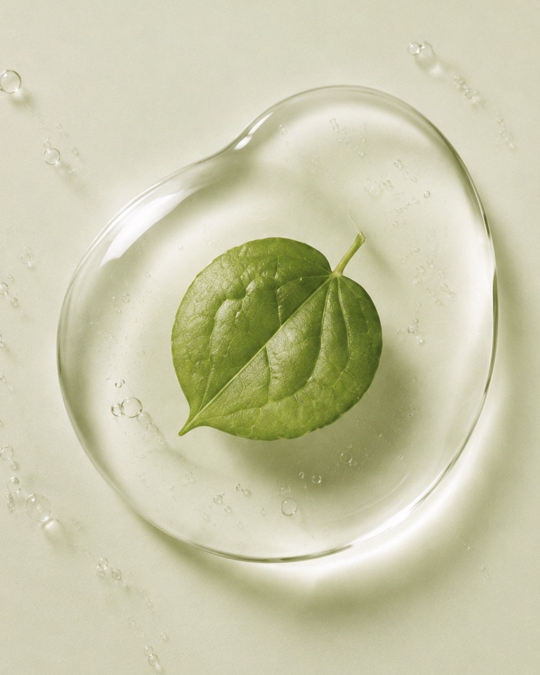 Green heartleaf inside a clear water droplet on a light background