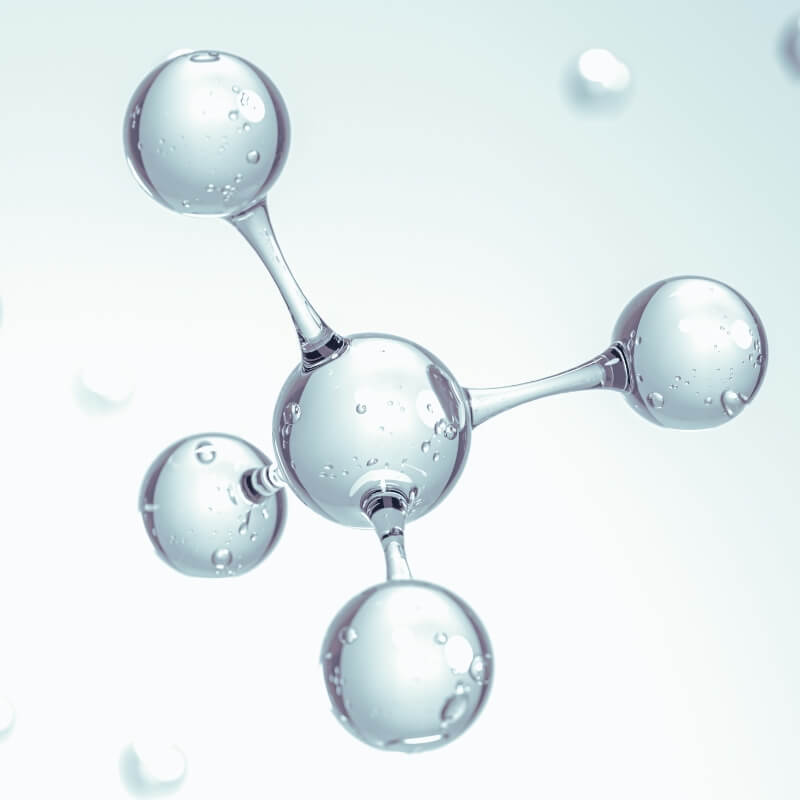 Molecular structure representing hyaluronic acid on a light blue background