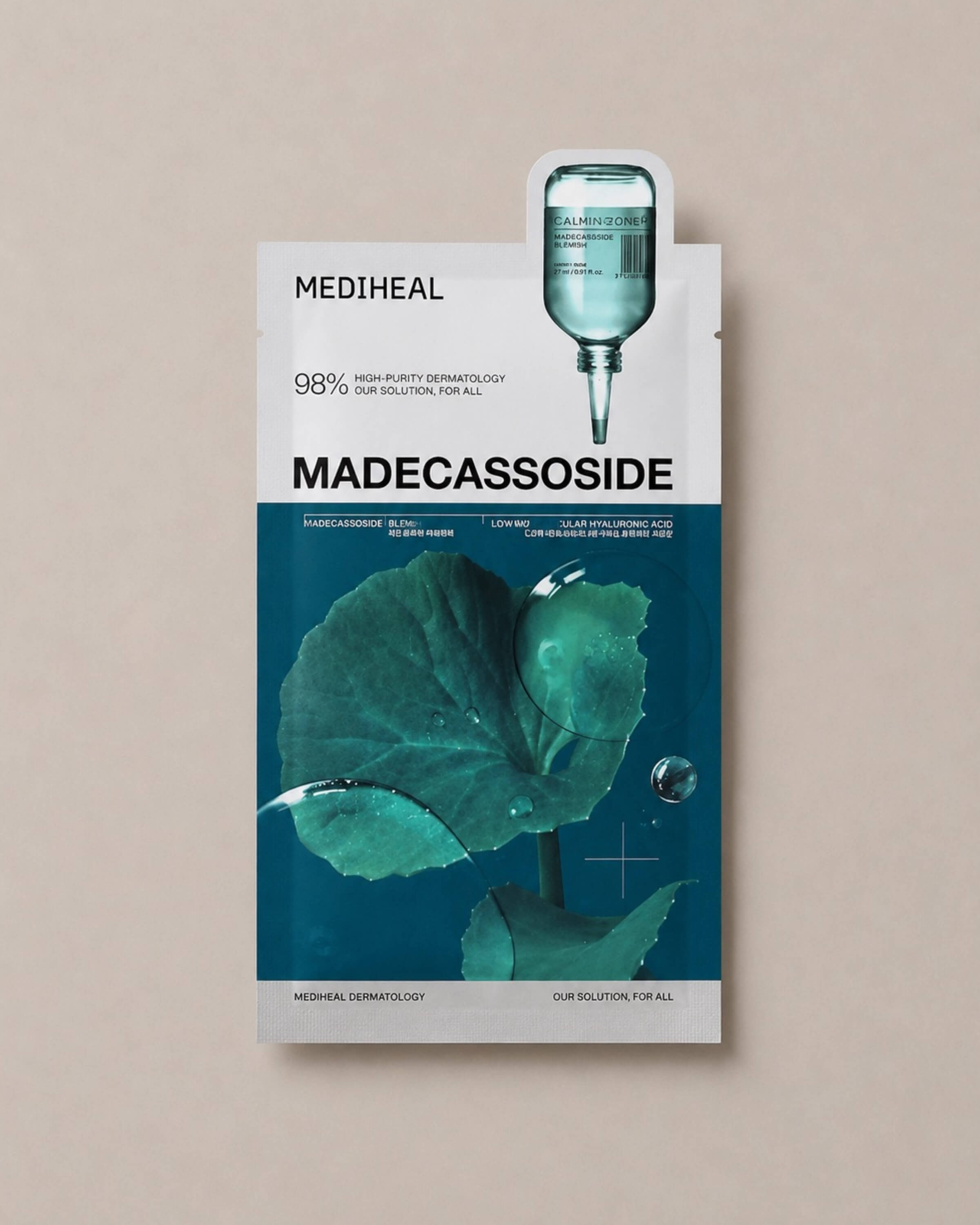 Mediheal Madecassoside skincare product packaging on a beige background