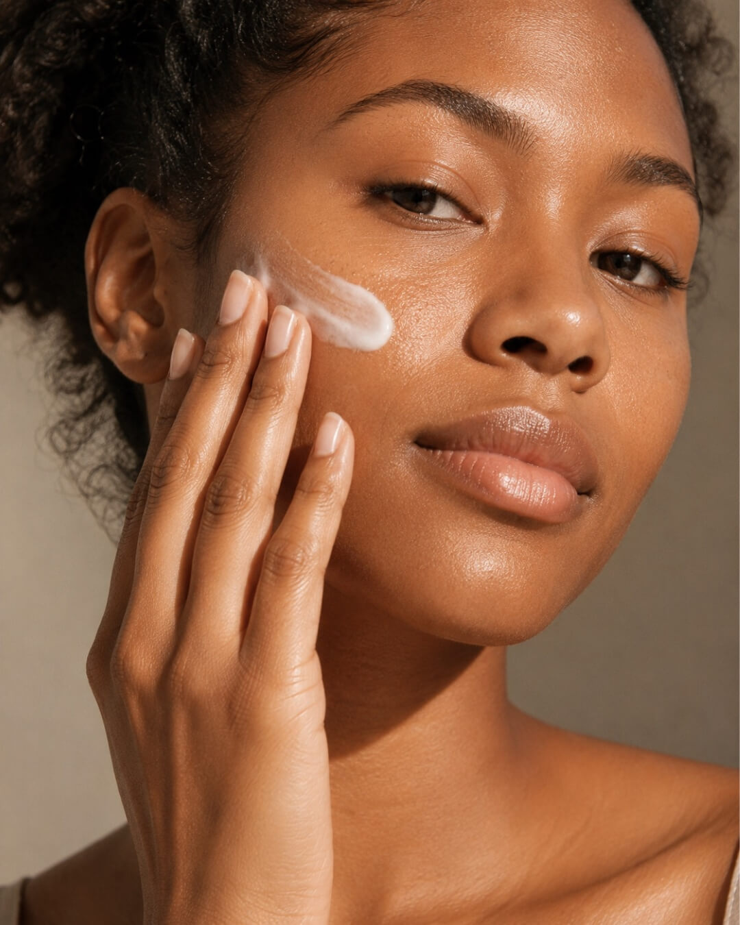 Woman applying moisturizer to her face with a neutral background