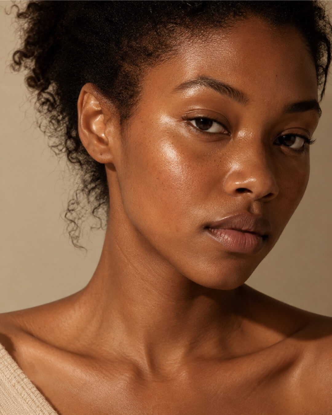 Close-up of a woman's face with a neutral background