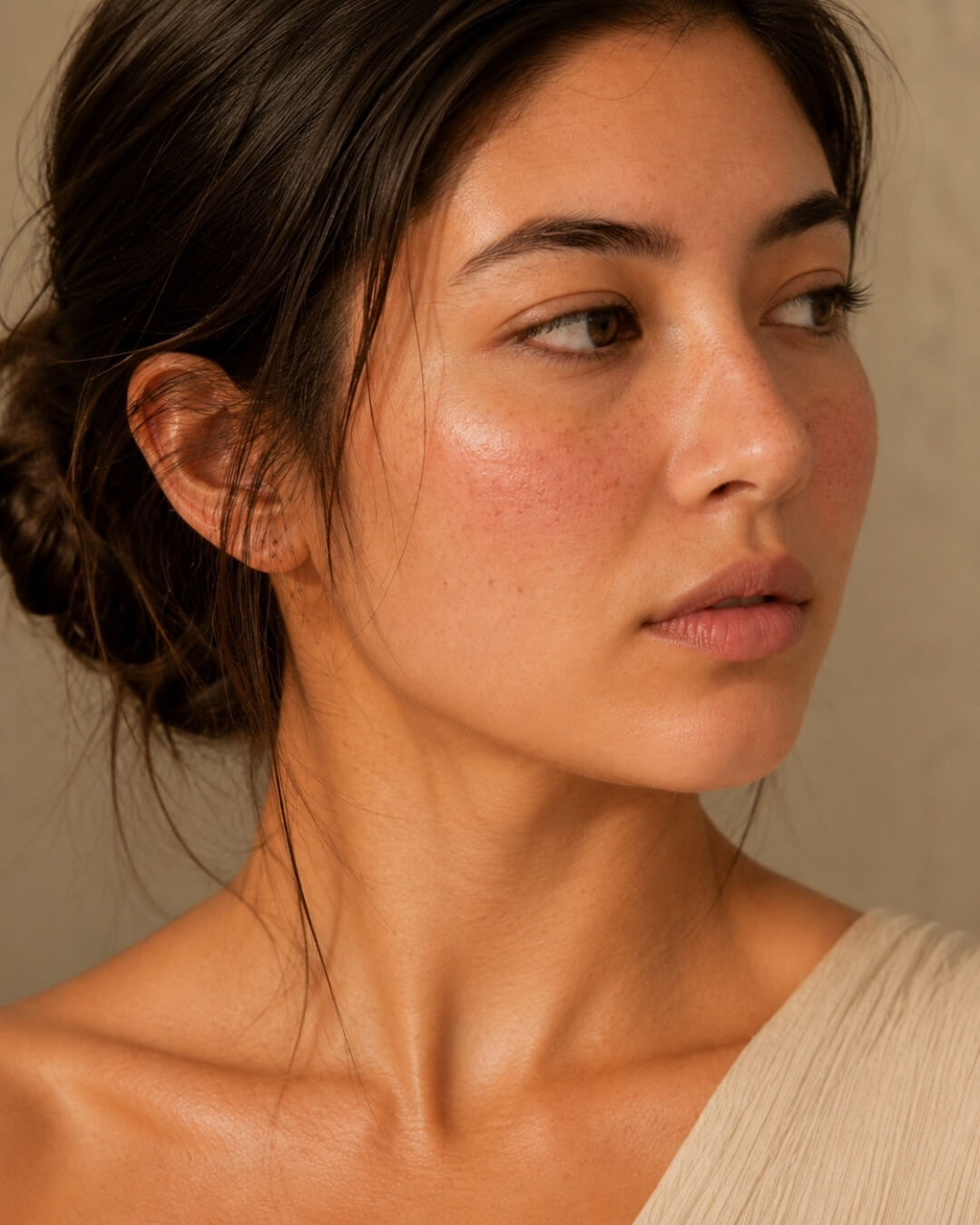 Close-up of a woman with a neutral expression against a beige background