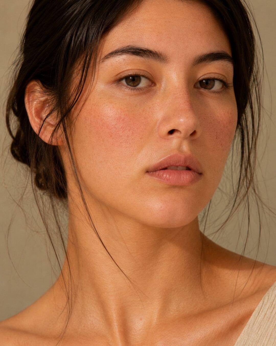 Close-up of a person with a neutral expression against a plain background
