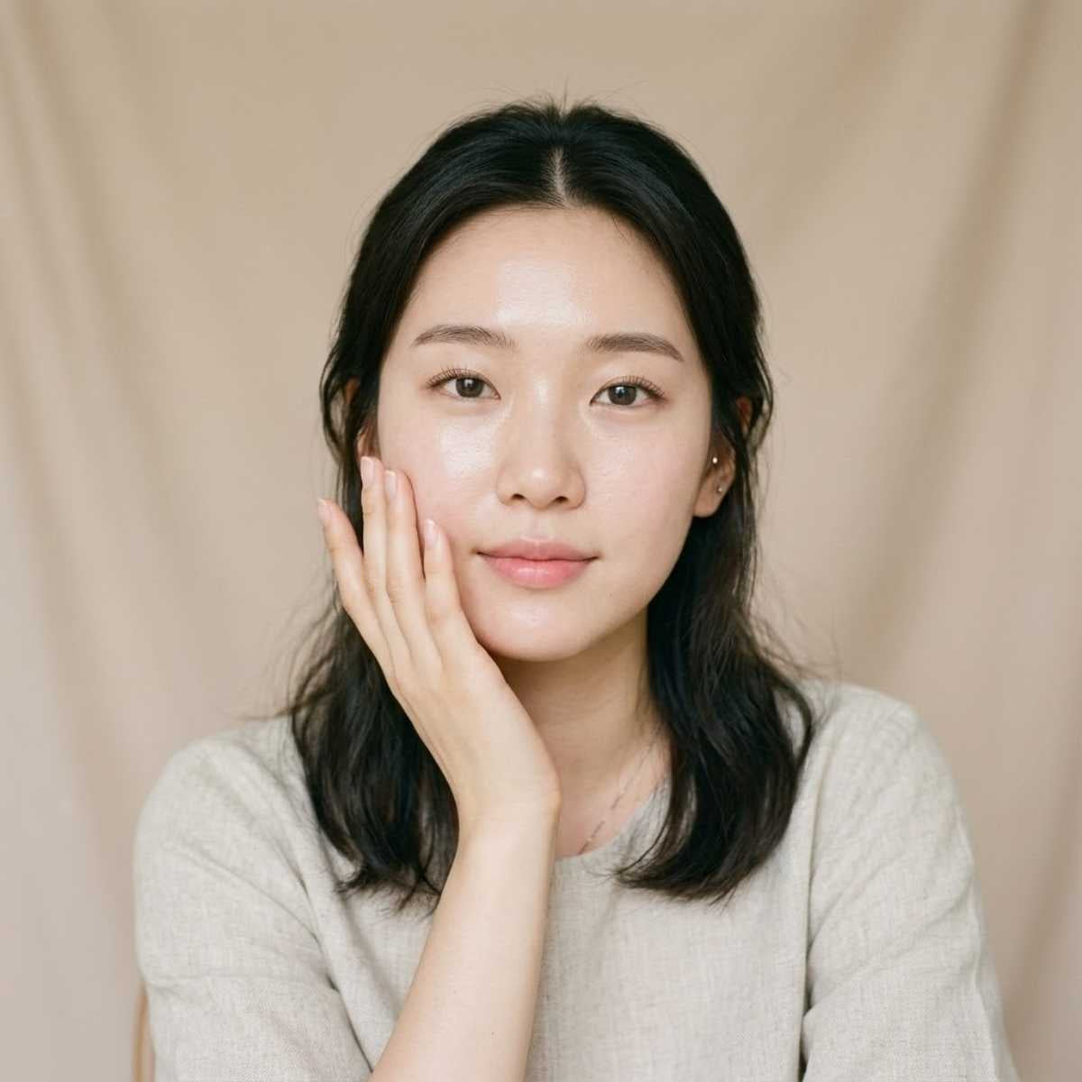 korean woman touching calm skin with soft neutral background representing sensitive skin care