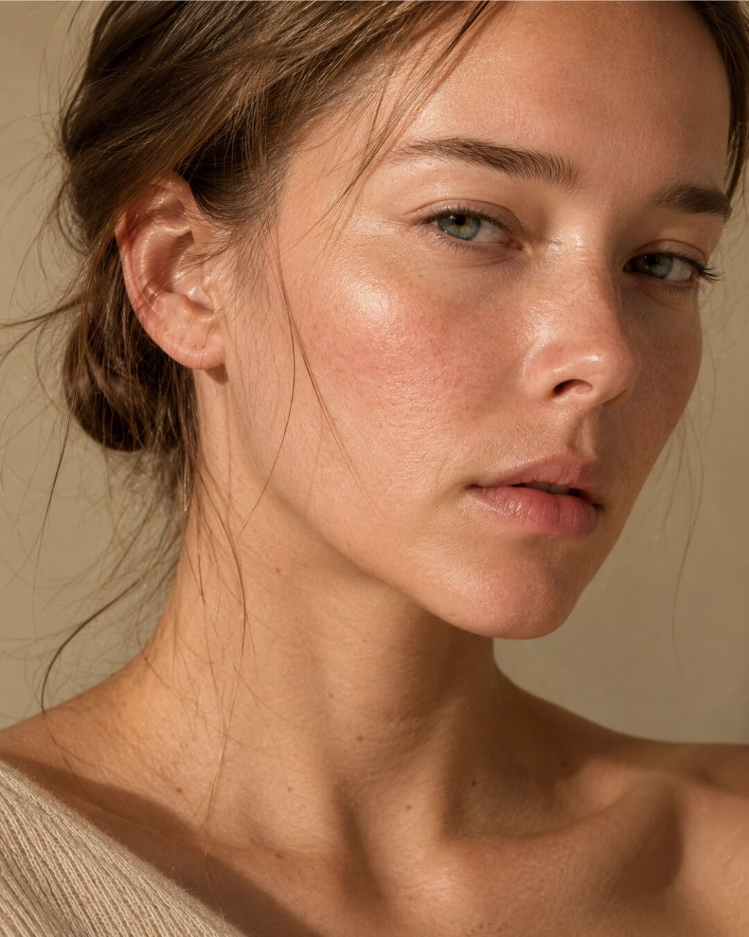 Close-up of a woman's face with sensitive skin on a neutral background