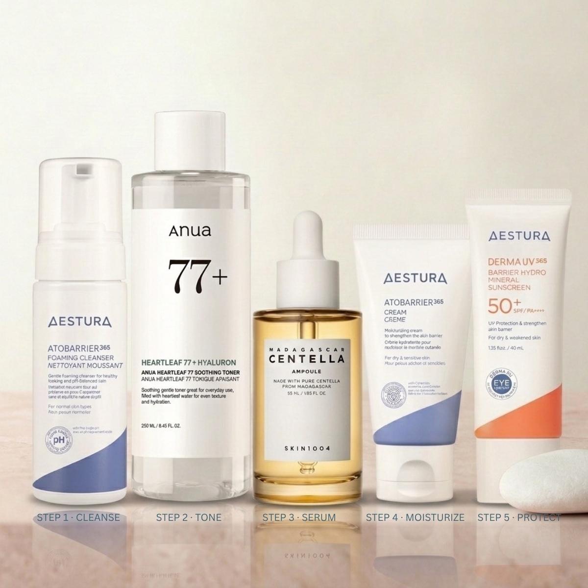 Korean skincare products for sensitive skin routine on marble surface