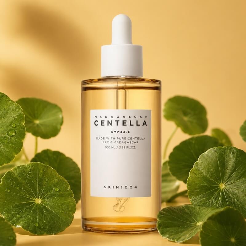 Skin1004 Madagascar Centella Ampoule surrounded by Cica leaves on a yellow background