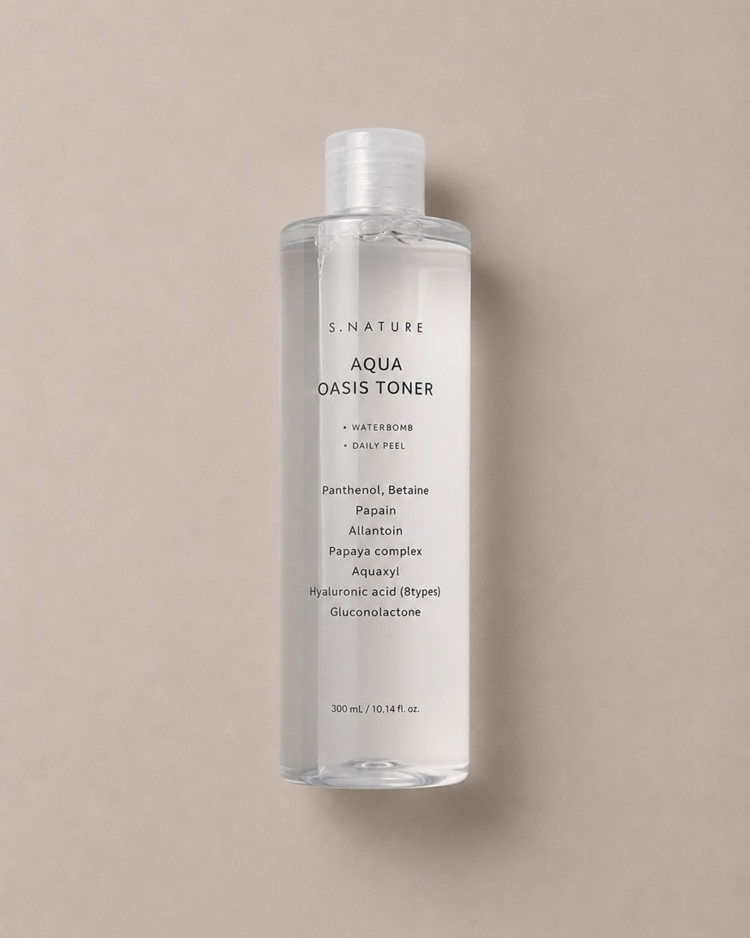 S.Nature Aqua Oasis Toner bottle on a beige background