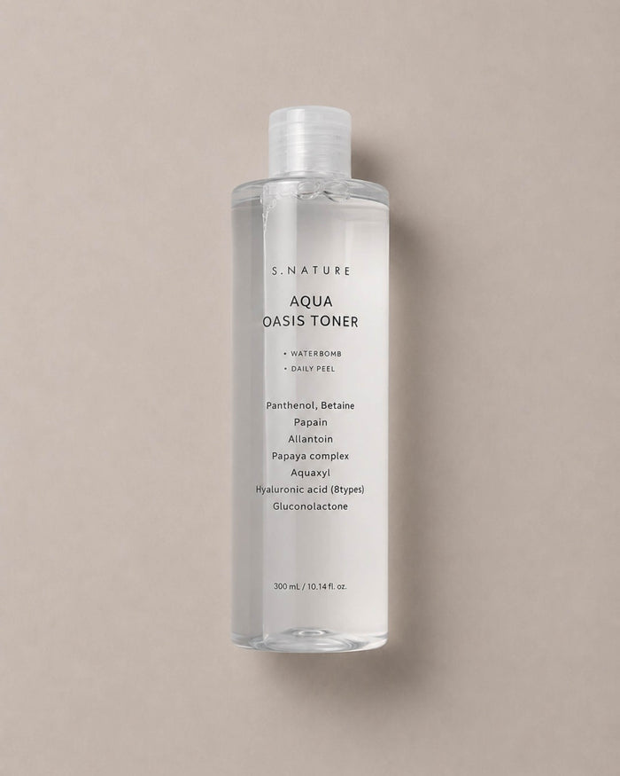 S.Nature Aqua Oasis Toner bottle on a beige background