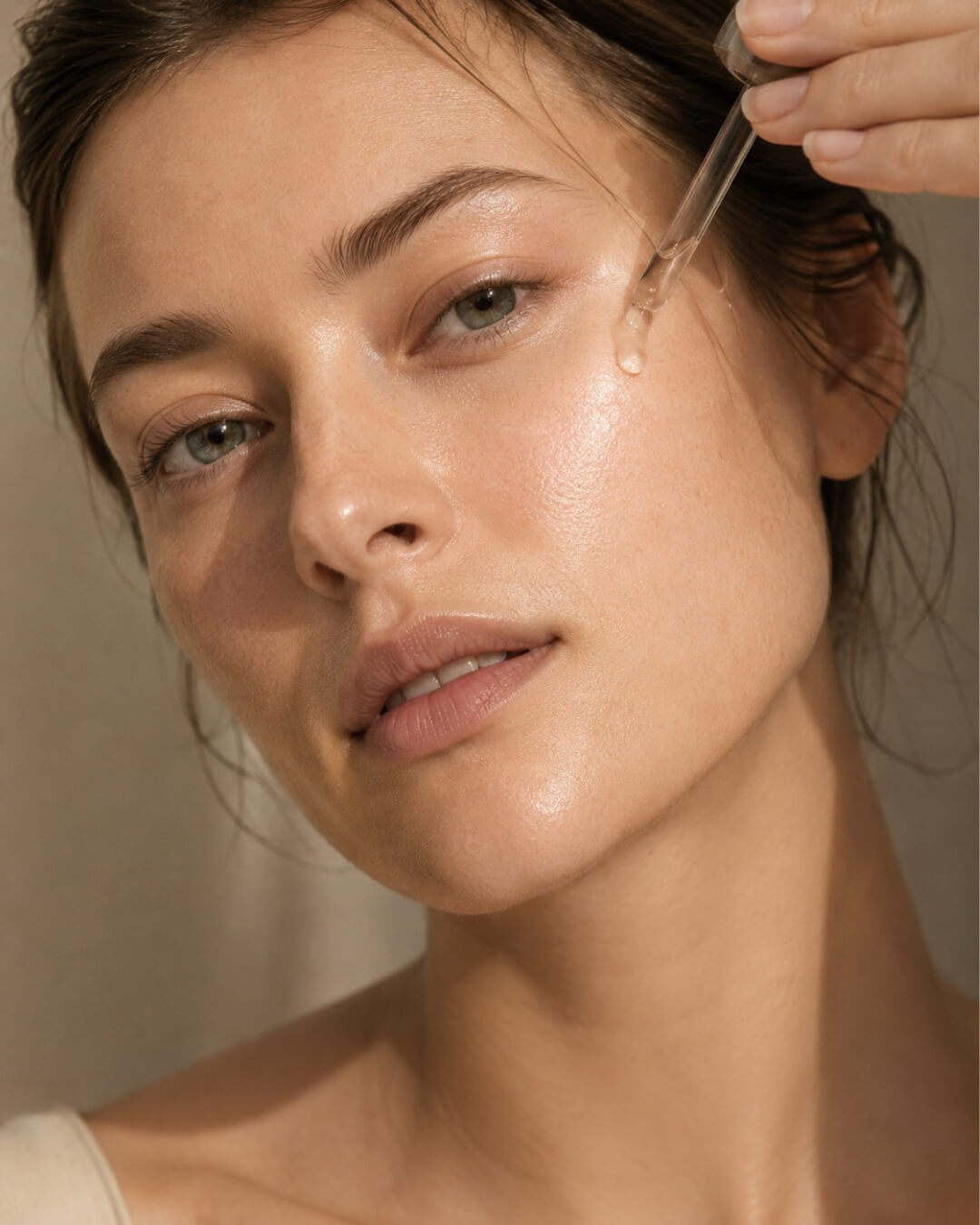 Close-up of a woman applying a dropper of serum to their face.