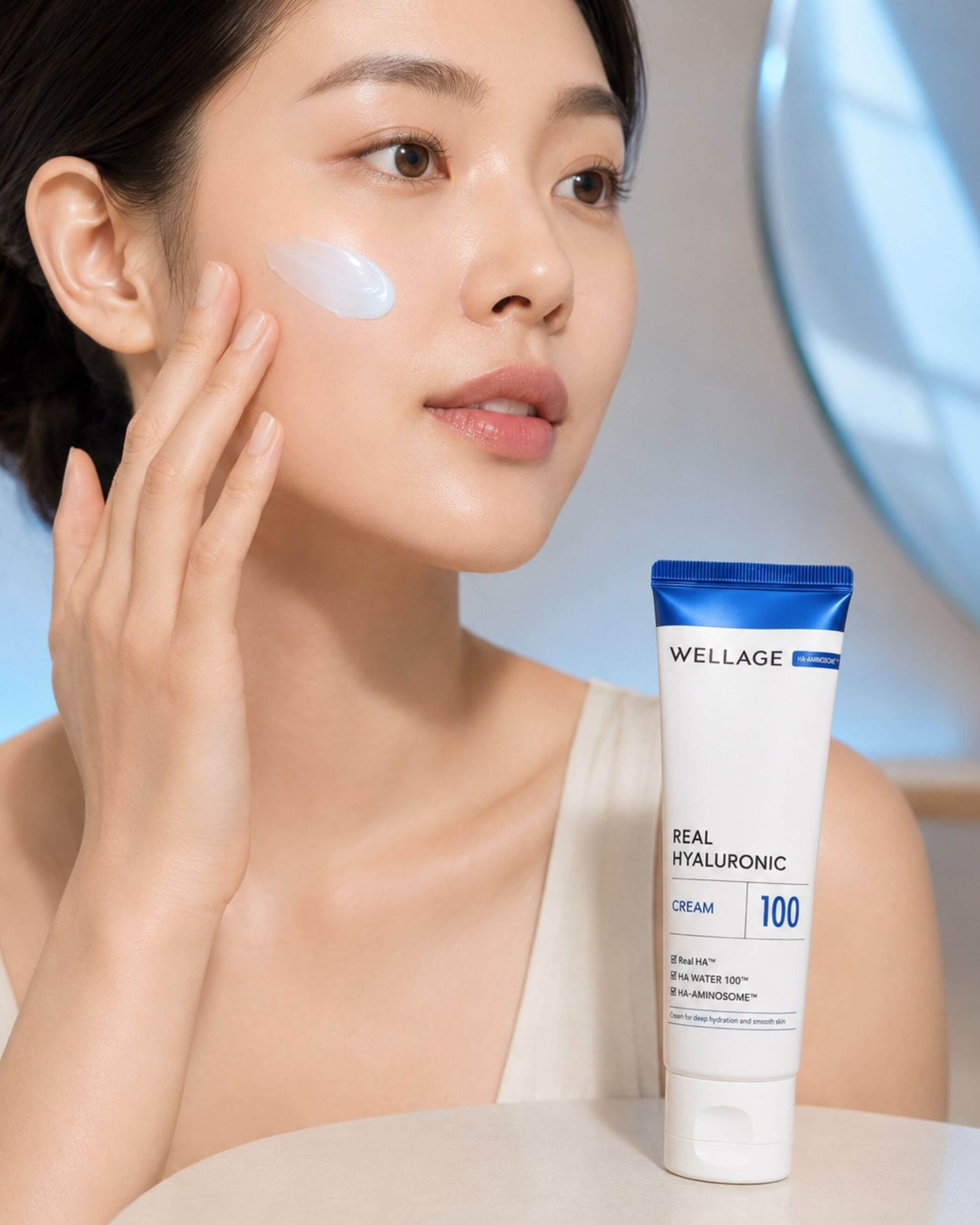 Woman applying cream to her face with a bottle of Wellage Real Hyaluronic Cream 100 in the foreground.